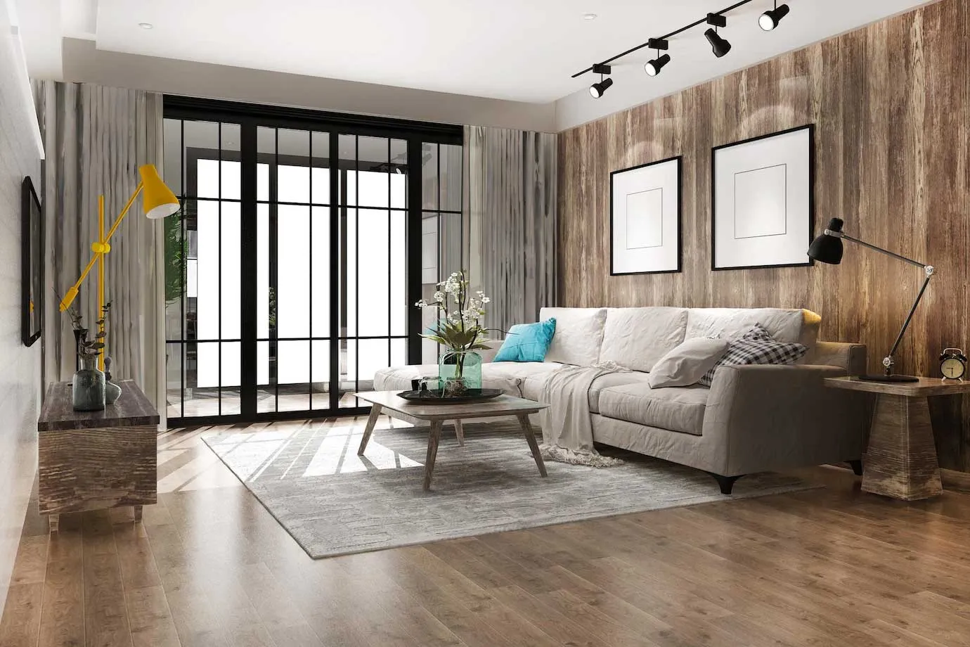 Elegant living room with blue ottoman